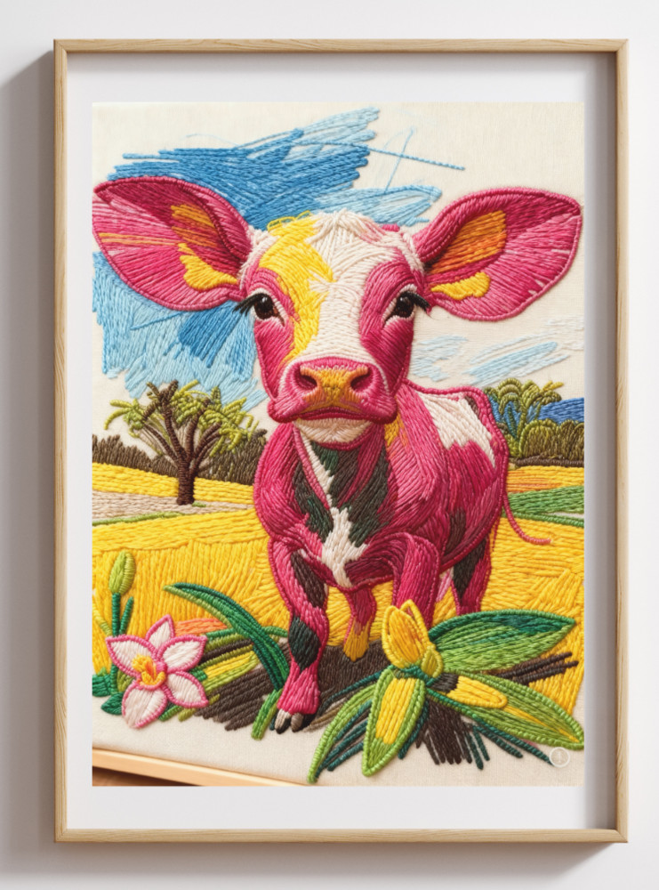 Pink Cow Portrait Embroidered Wall Art Decor Print on Canvas 3D