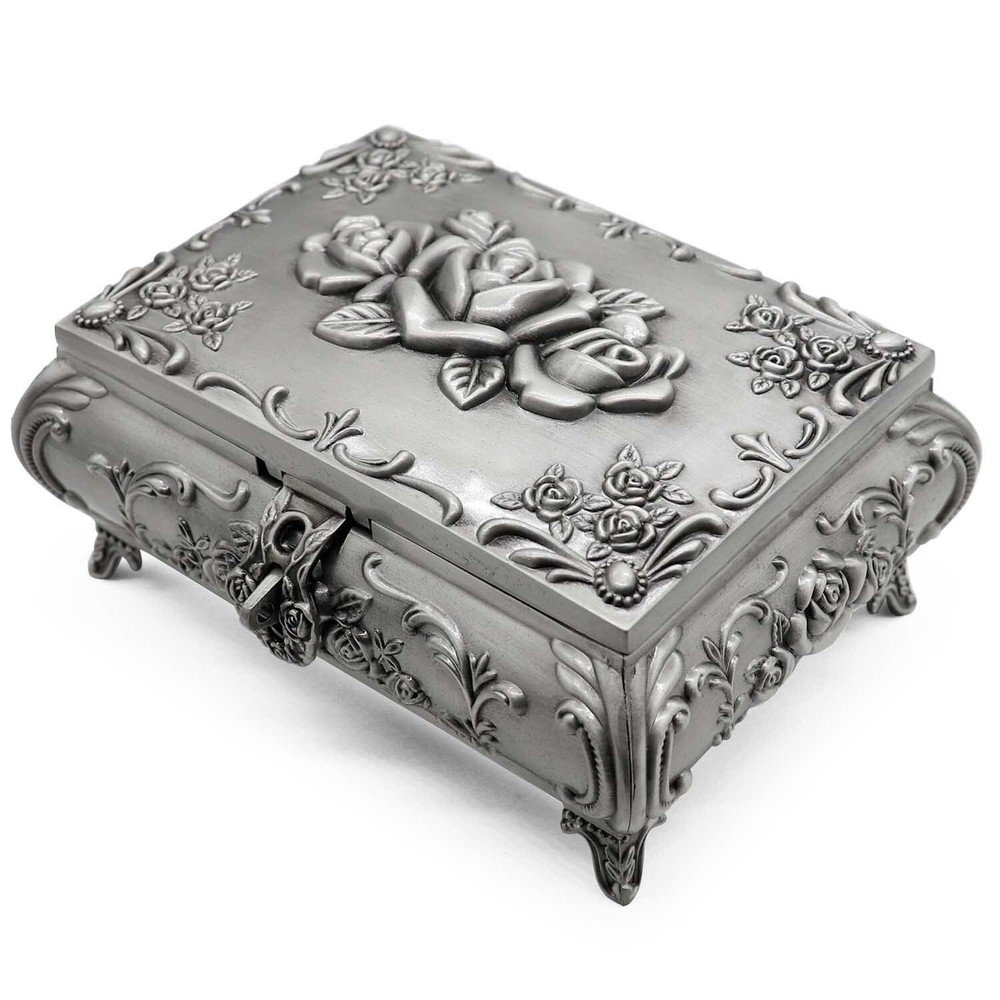 Vintage Metal Rectangle Jewelry Box Trinket Storage Organizer Gift Chest Case
