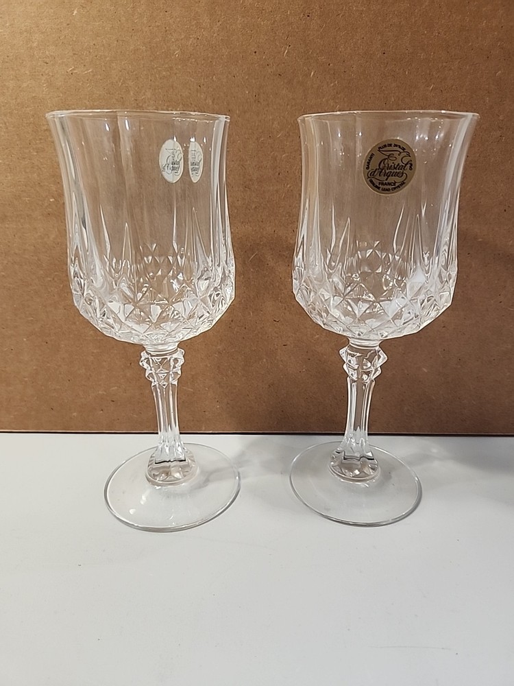 Set of 2 Vintage Cristal D'Arques-Durand Longchamp Crystal Wine Glasses 6.5” H