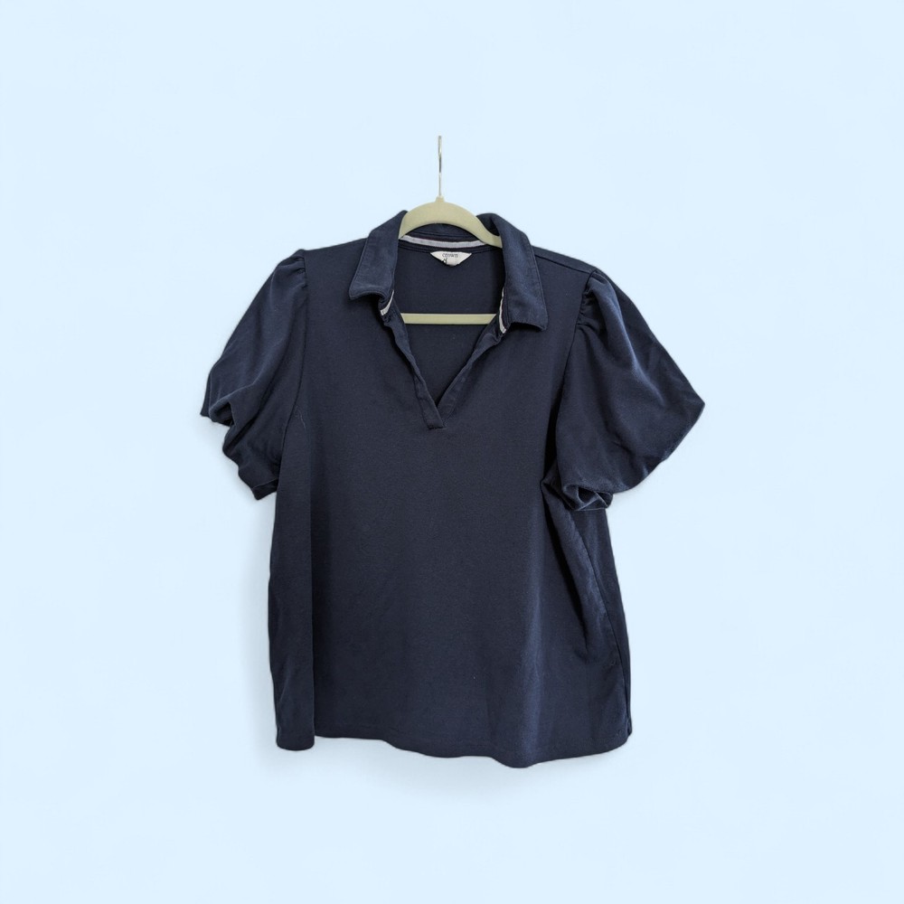 Crown And Ivy Navy Blue Puff Sleeve Top V Neck Collared Women's Size XL