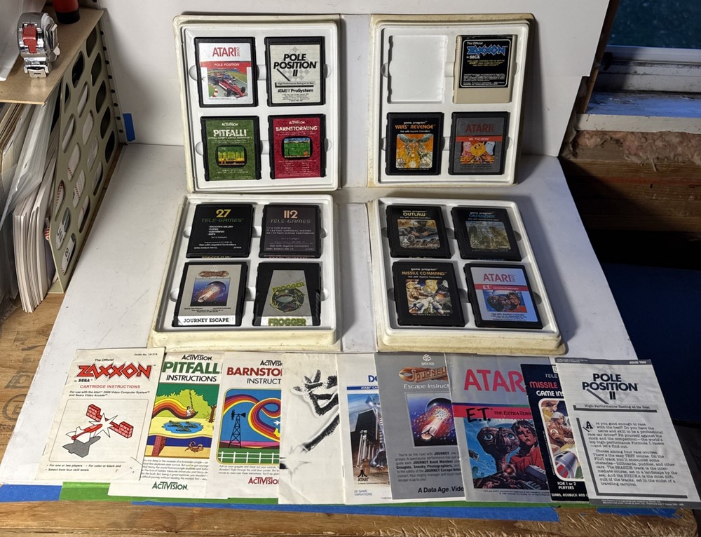 Lot Of 15 Atari 2600 Sega Games Untested Plus Manuals & Bookshelf Storage Cases