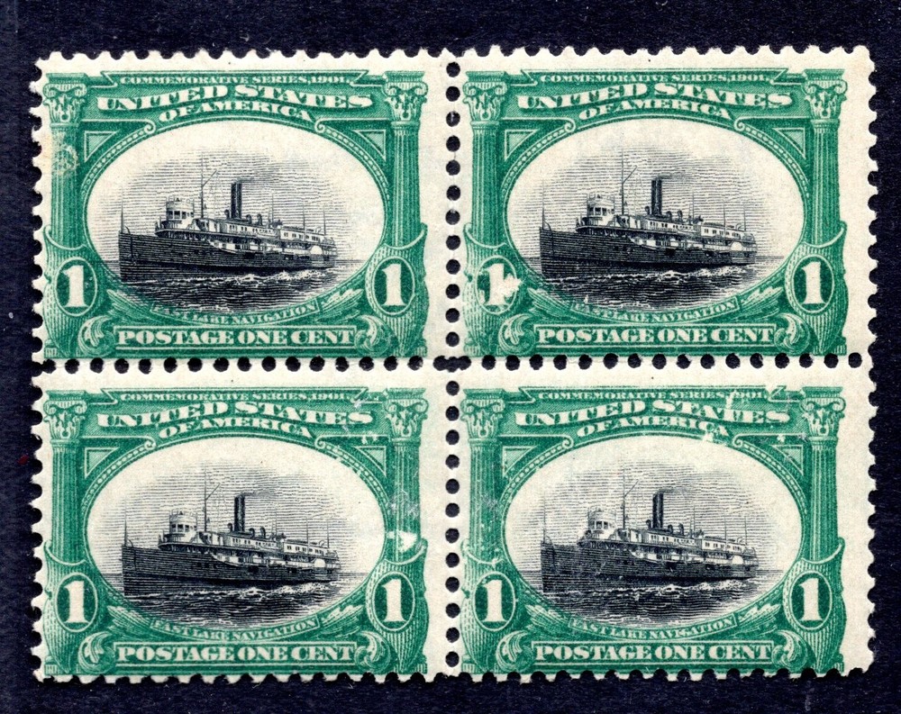 1904 US Lake Ship Scott #294 Block of 4 - Top Hinged, Bottom Never Hinged