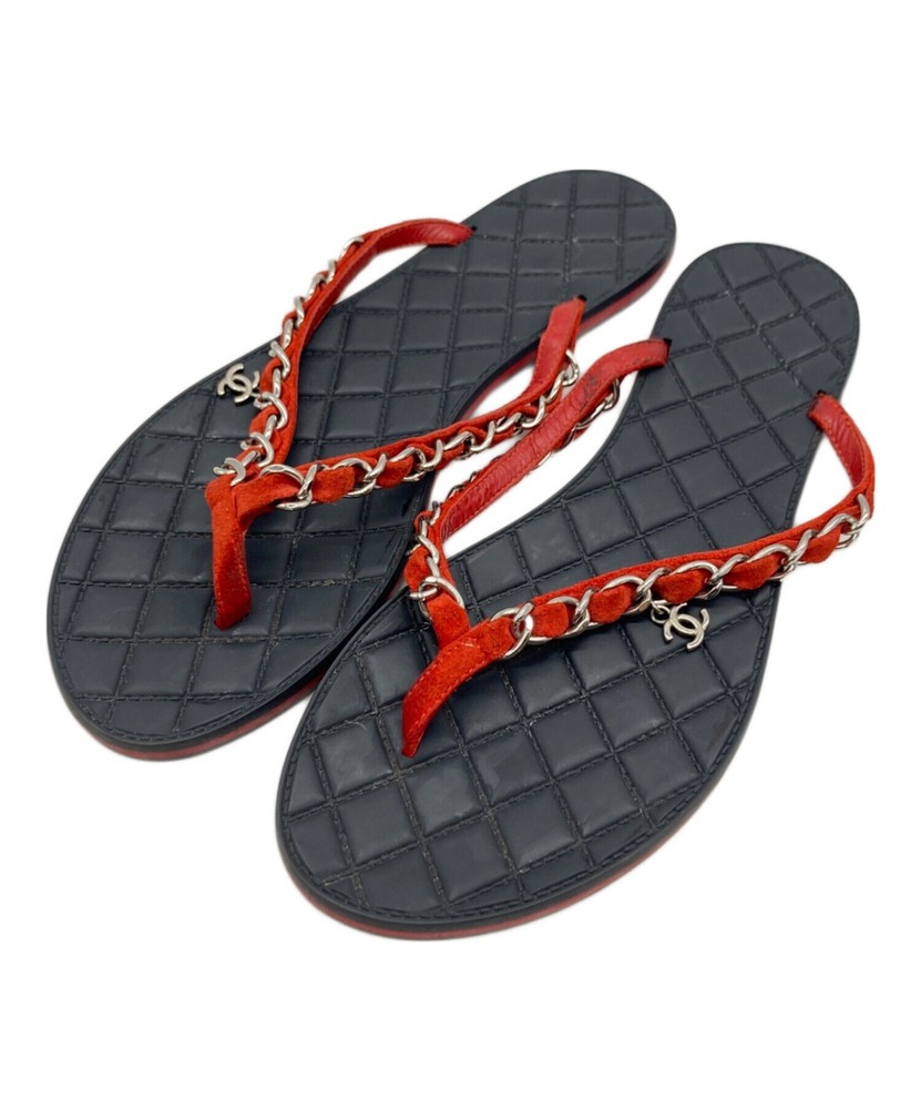 CHANEL Red Coco Mark Chain Sandals US7 Authentic From Japan Rare Find