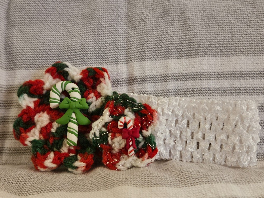 Multicolor Christmas Crochet Flowers with Accent Buttons on Newborn Headband-image