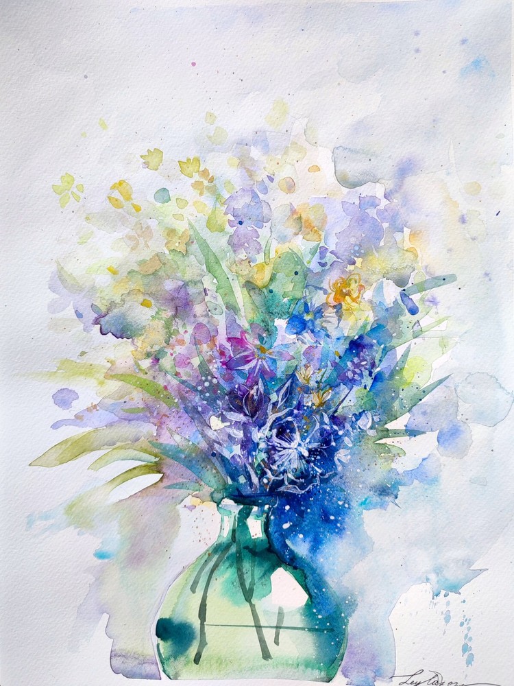 Original Watercolor Painting Bouquet of Flowers Wall Art Flowers in Vase