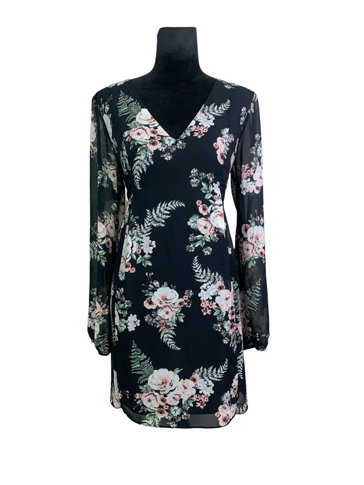 BCBGENERATION Size M Black Floral Chiffon Long Balloon Sleeve Mini Dress