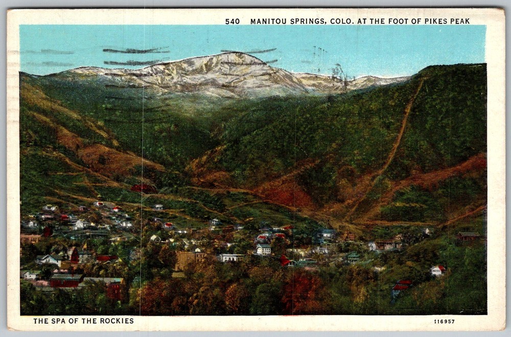 Vtg Linen Postcard Pikes Peak Panorama View Manitou Springs, CO 1930s