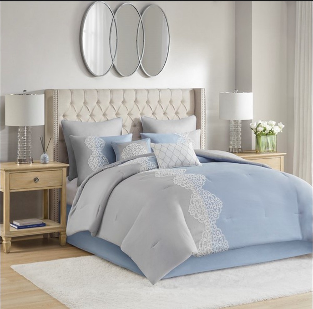 Madison Park Vera Embroidered Blue Gray 3-Piece Cotton Duvet Cover Set