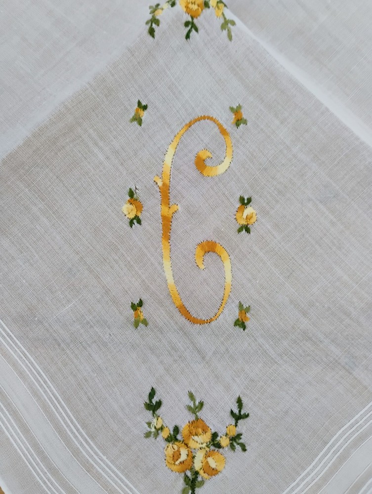 Vgt C Monogram Gold Embroidery White Cotton Hankie Handkerchief