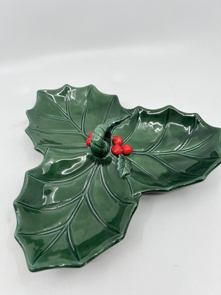 VTG Lefton Green Holly Berry 4 Part Relish Dish Tray W/ Handle  Christmas  #6009