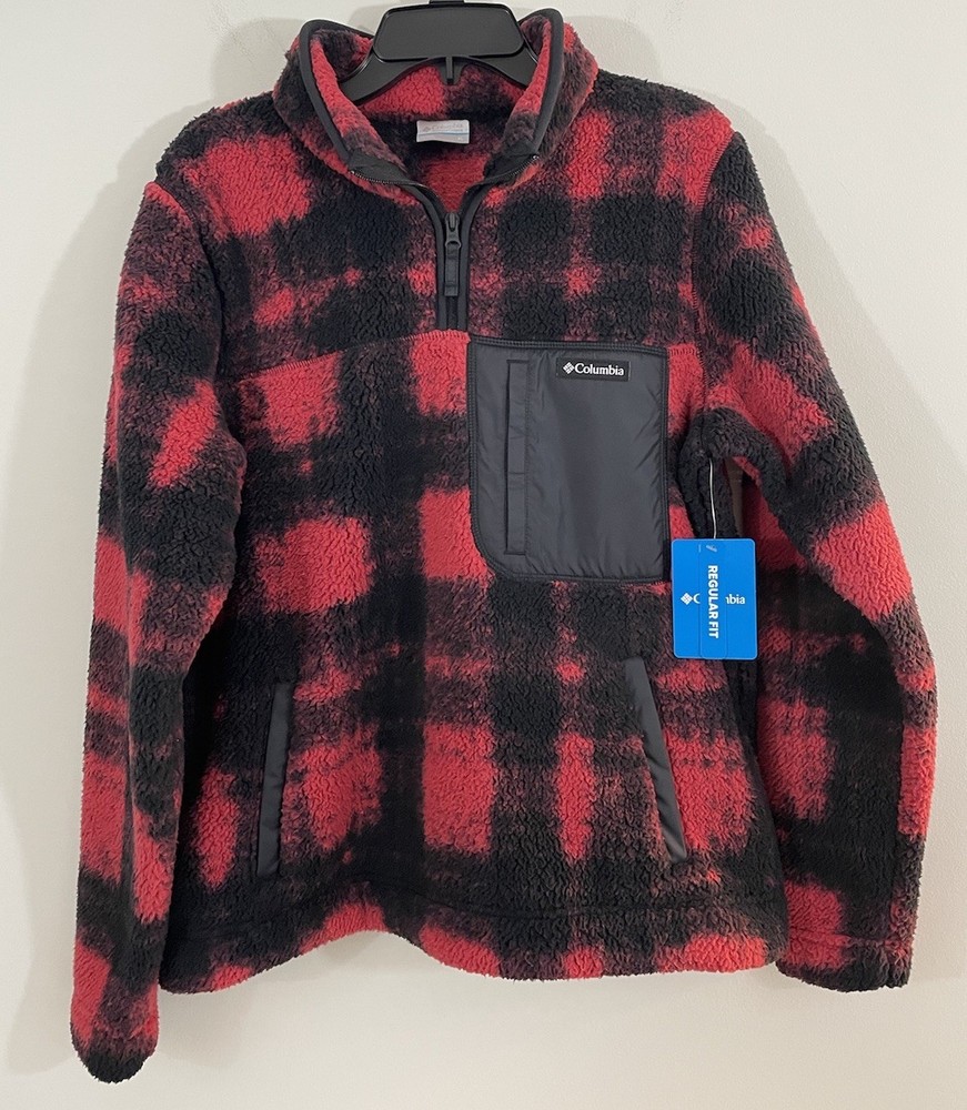 New COLUMBIA Jacket 1/4 zip Fleece pullover womens sz XL Buffalo Plaid red black