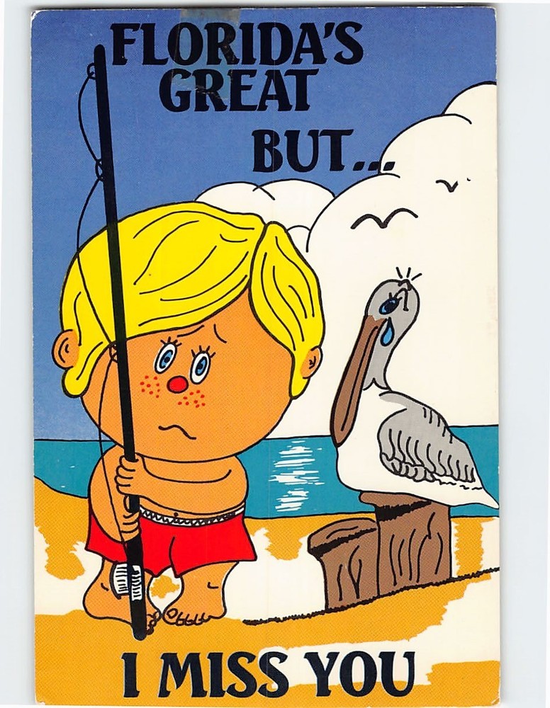 Postcard Florida's Great But I Miss You Child & Pelican Art Print