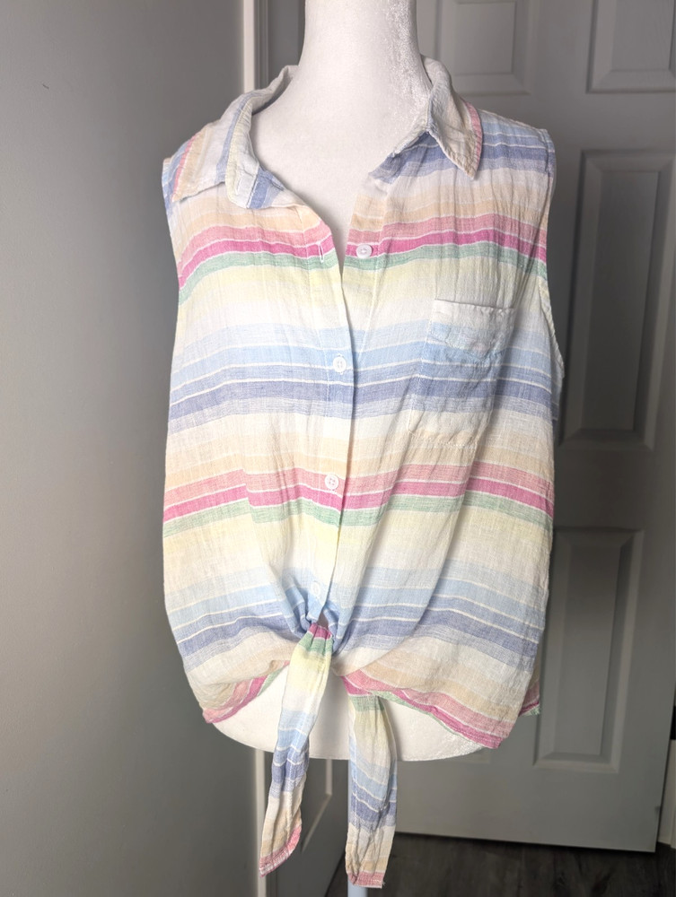 Beach Lunch Lounge Rainbow Striped Linen Button Up Women's XL Blouse Belly Tie