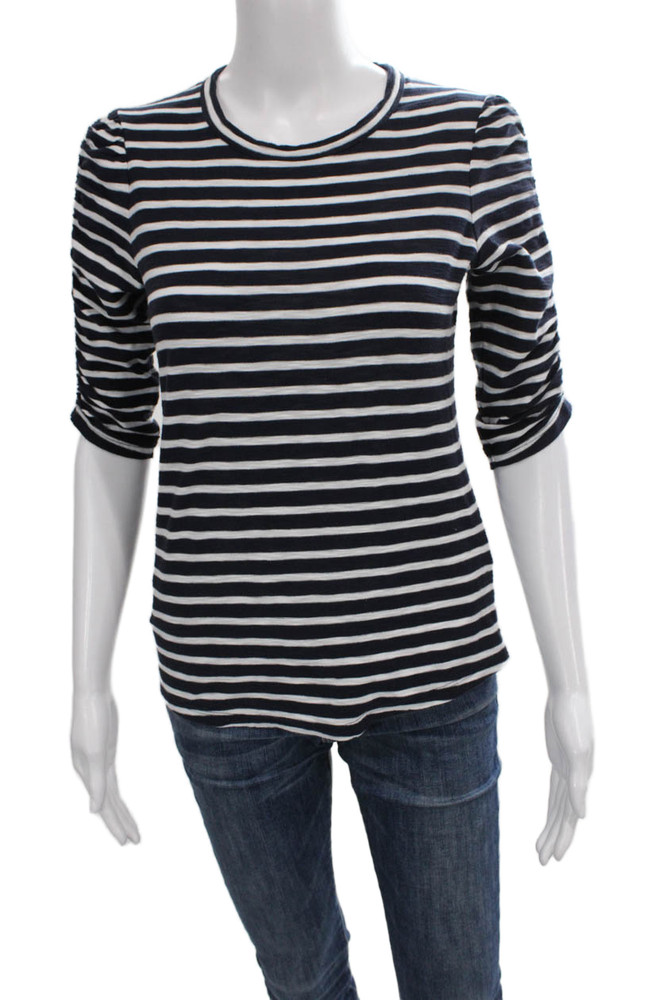 Veronica Beard Women Blue Striped Pima Cotton T-Shirt 3/4 Sleeve Size XSFree Shipping in US $100+ Orders | $6.95 Orders Below