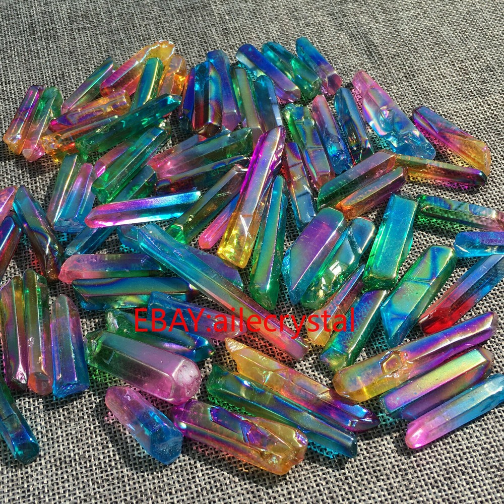 Rainbow aura titanium Lemurian quartz crystal point 50g shiny