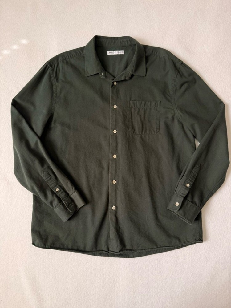 Zara Men’s Dark Olive Green Cotton Button Down Shirt Size XL