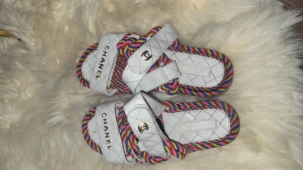 Pair of Chanel Multicolor Quilted Leather Cord Platform Sandals. US size 8