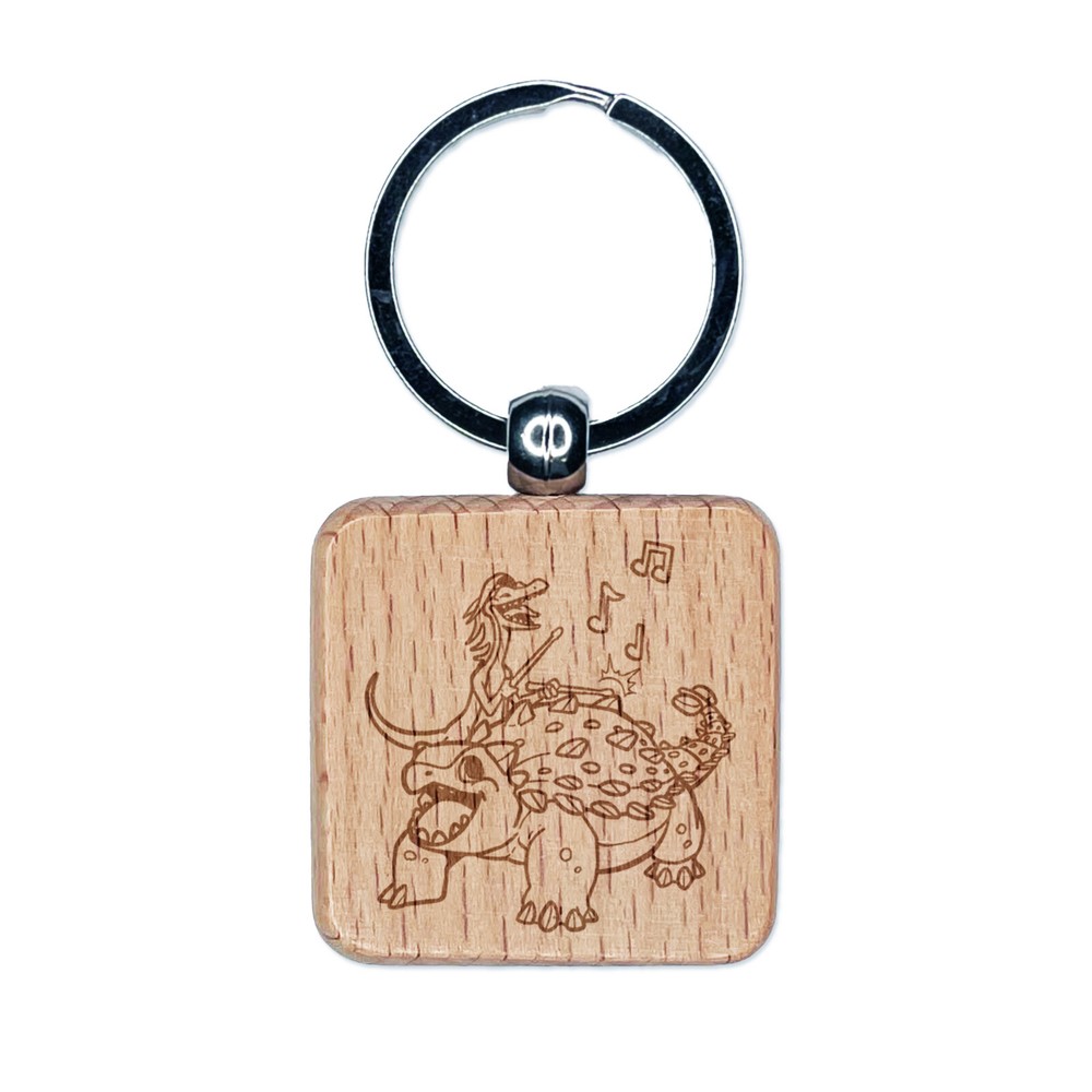 Ankylosaurus Musical Dinosaur Band Engraved Wood Square Keychain Tag Charm