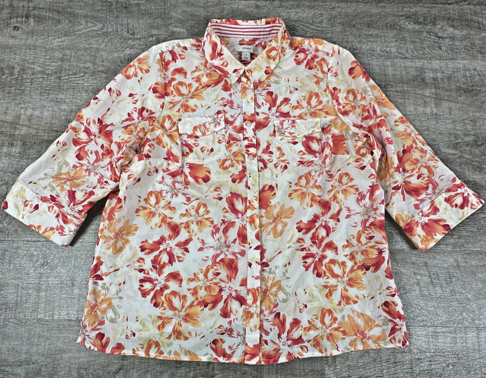 CJ Banks Women's Button Up Blouse Size 2X Orange Floral 3/4 Sleeve Shirt Top
