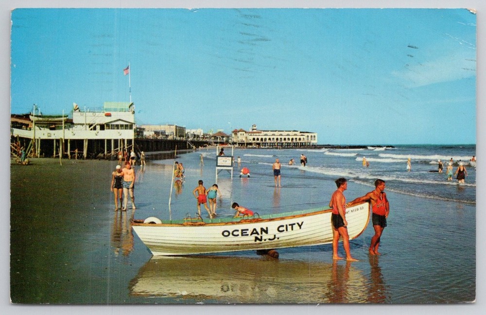 Vintage Ocean City NJ Beach Lifeguard Boat Pier Scene Postcard 1960s