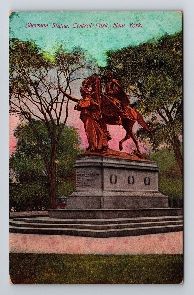 New York City NY, Sherman Statue, Central Park, Vintage Postcard