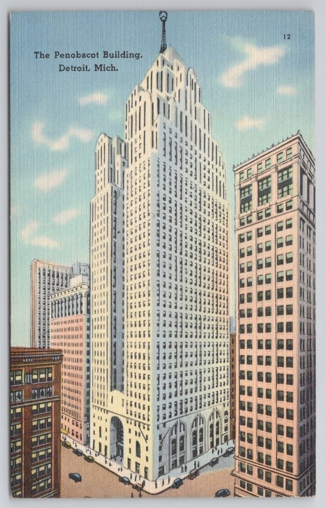 Vintage Linen Postcard Penobscot Building Detroit Michigan Art Deco Skyscraper