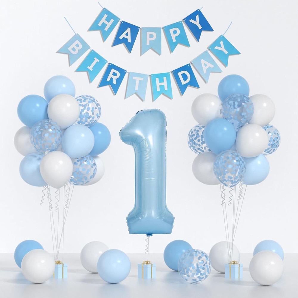 Baby Blue White Balloons and 40Inch 1 Balloon, First Birthday Decorations for Bo