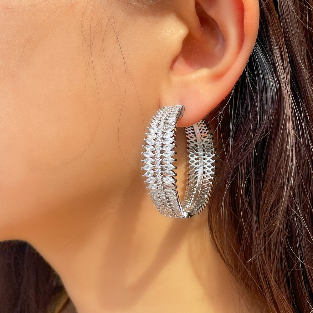 Women Chunky Silver Plated Cubic Zirconia Round Wide Hoop Earrings Party Jewelry