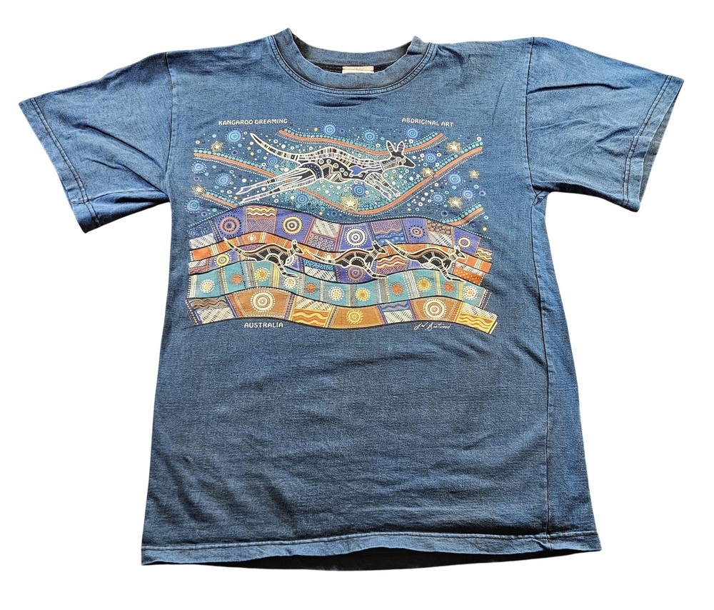 Vintage Aboriginal Art Shirt Mens Small Blue Kangaroo Dreaming Australia 90s