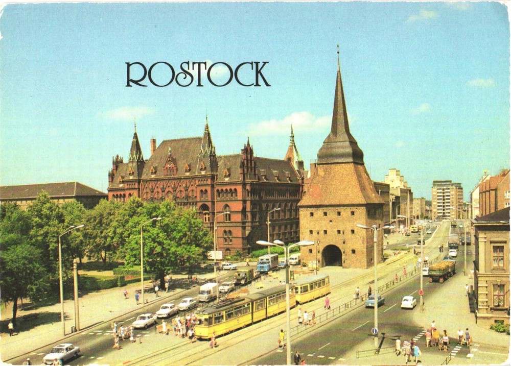 Rostock Germany Steintor Stone Gate Cars Tram and People Postcard