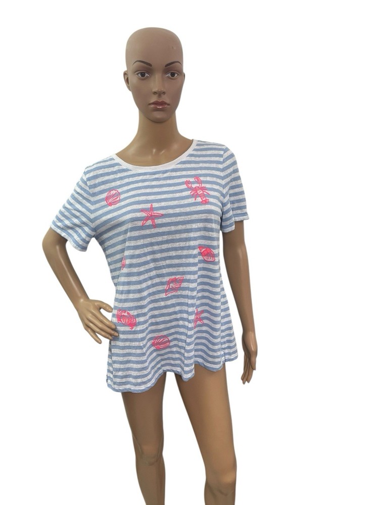 Talbots Women’s Size L Short Sleeve Stars & Shells Crew Neck Linen Blend Tee