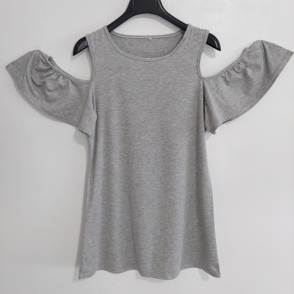 Women's Cold Shoulder Ruffle Sleeve Top Gray Heather Knit Blouse Size L