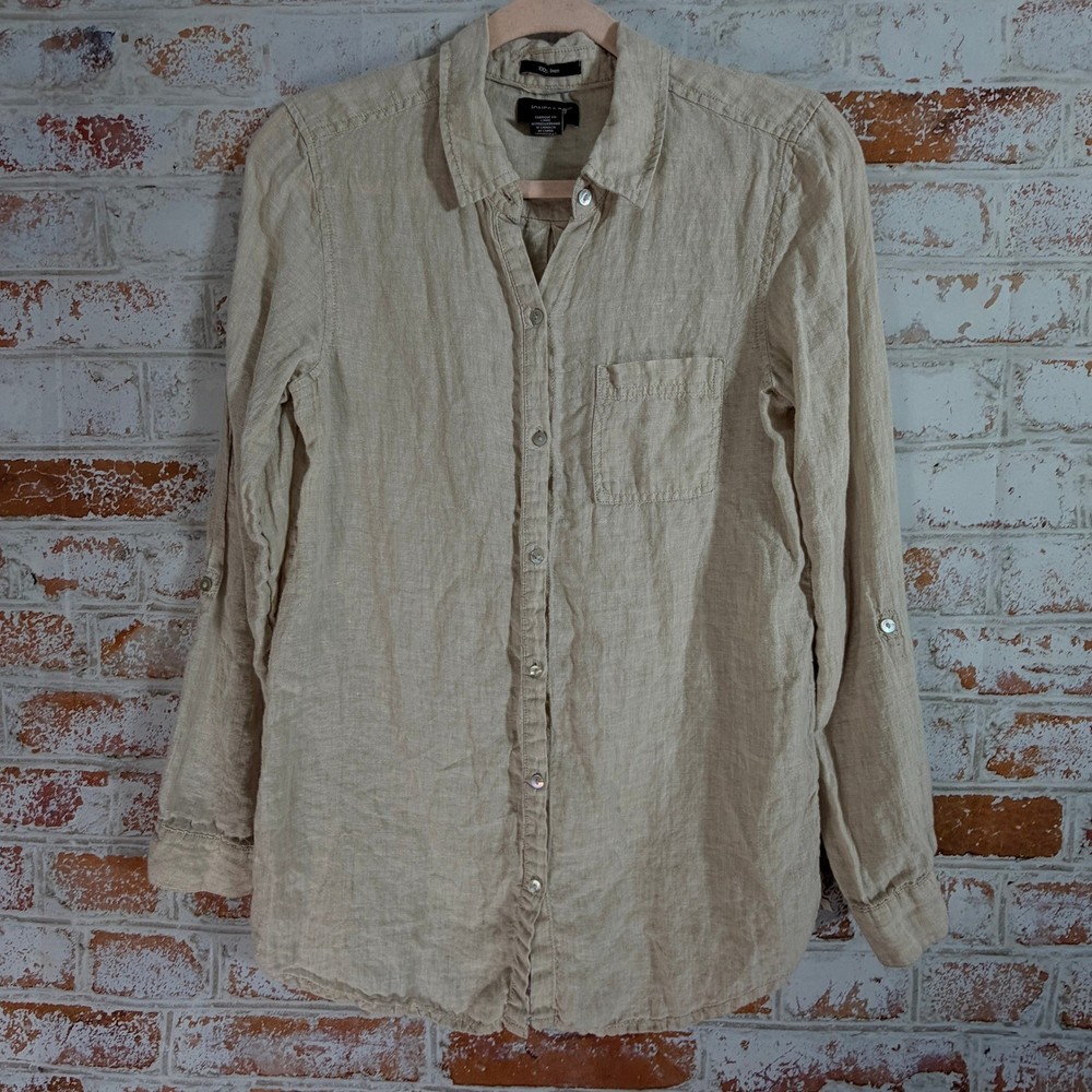 Jones New York Button Down Shirt Womens Small Beige 100% Linen Roll Tab