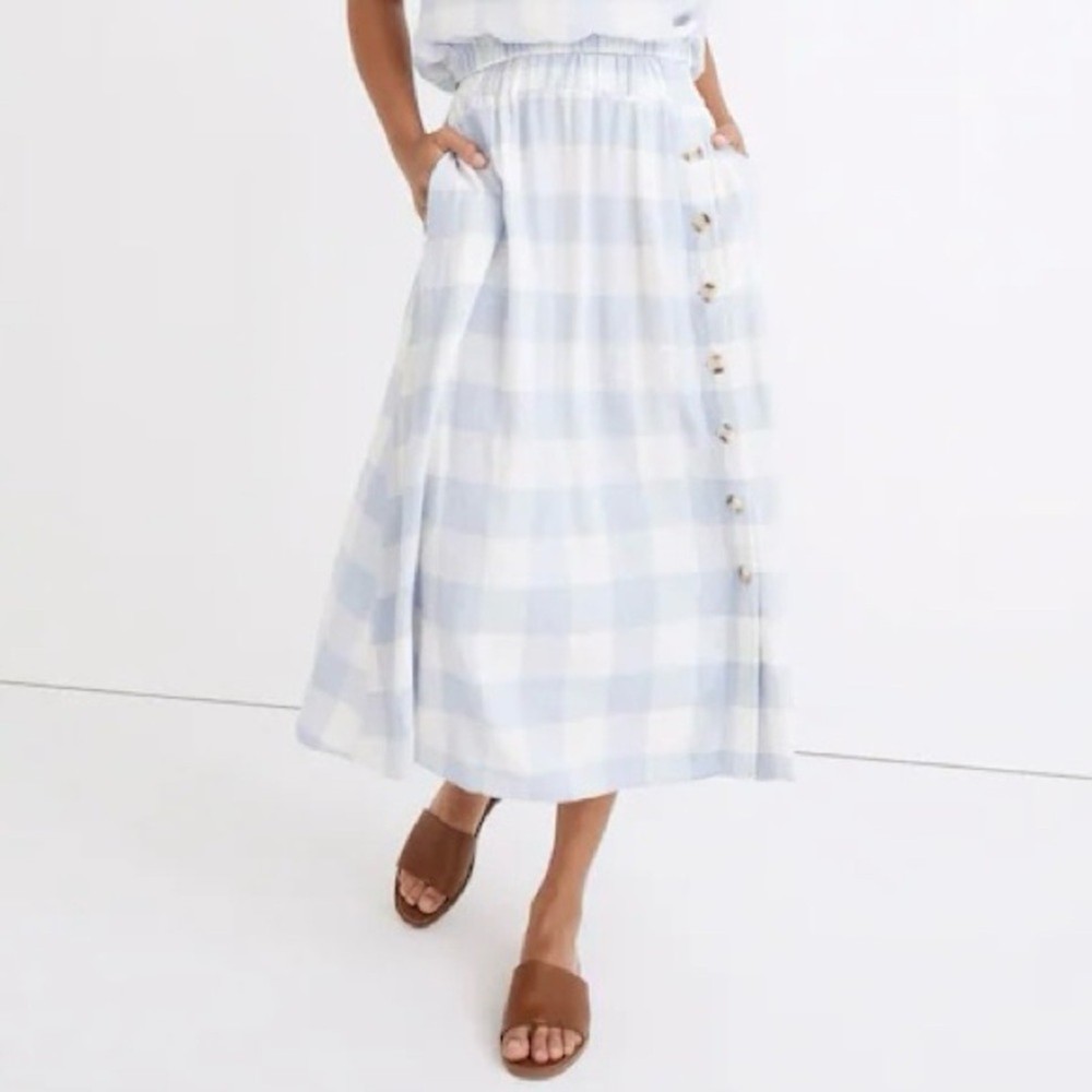 Madewell Linen-Blend Side-Button Midi Skirt in Gingham Check Light Blue White XL