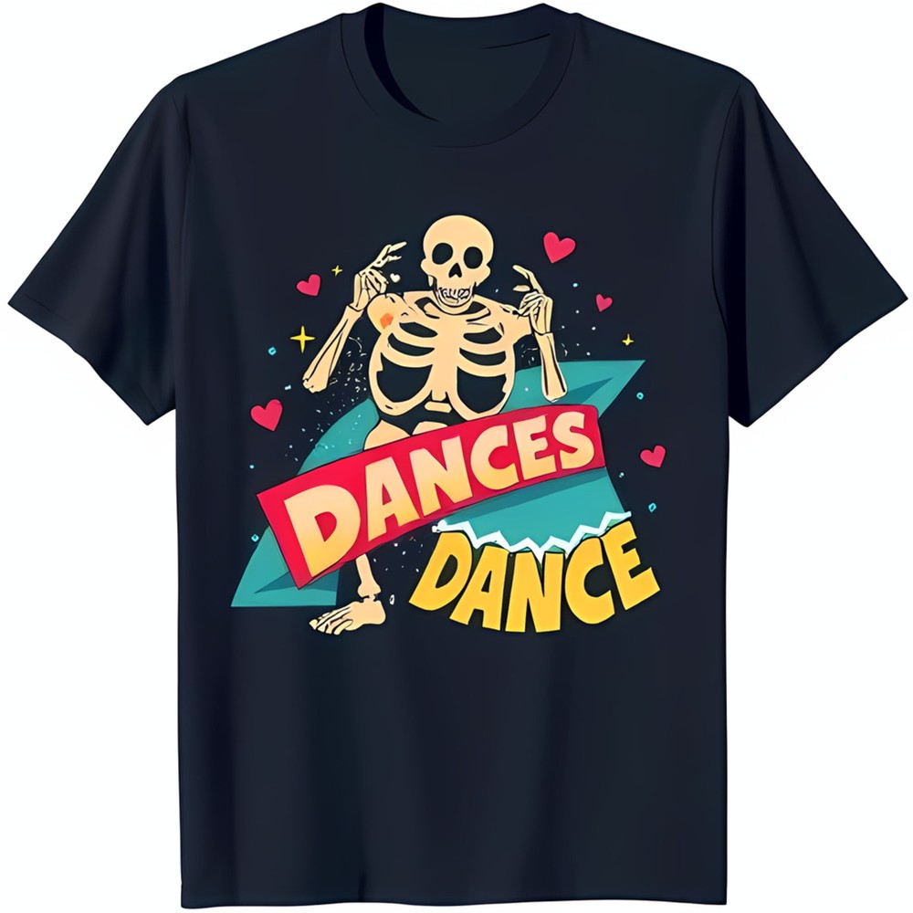 Colorful Skeleton Dance Graphic T-Shirt with Hearts & Stars Fun Black Tee
