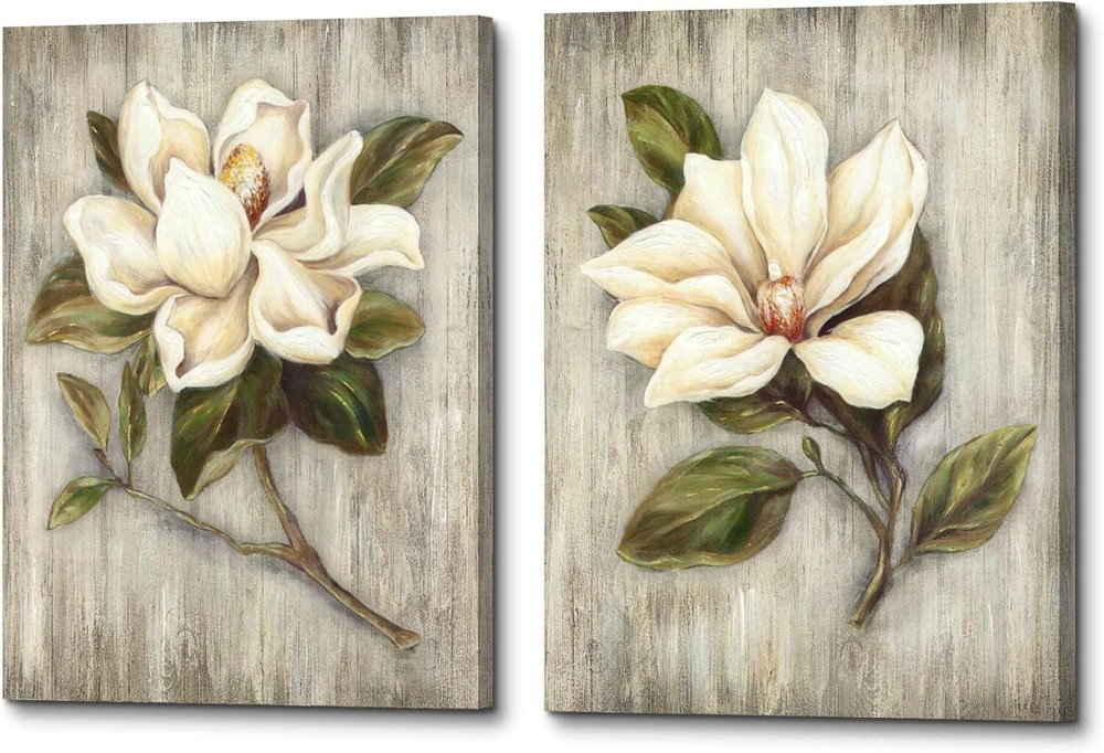 Rustic White Magnolia Floral Canvas Wall Art on Wood Texture