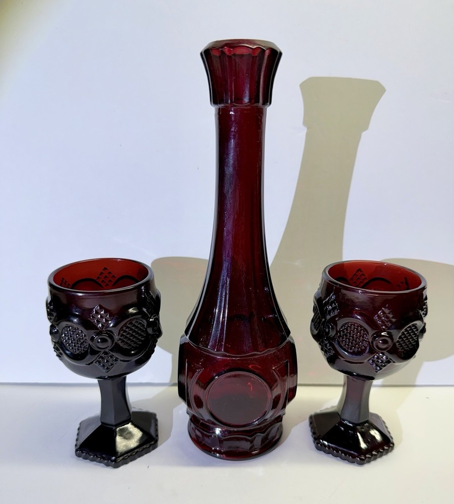 Vintage Avon CAPE COD Ruby Red Glass Small GOBLET Wine set of 2 And Wheaton Vase