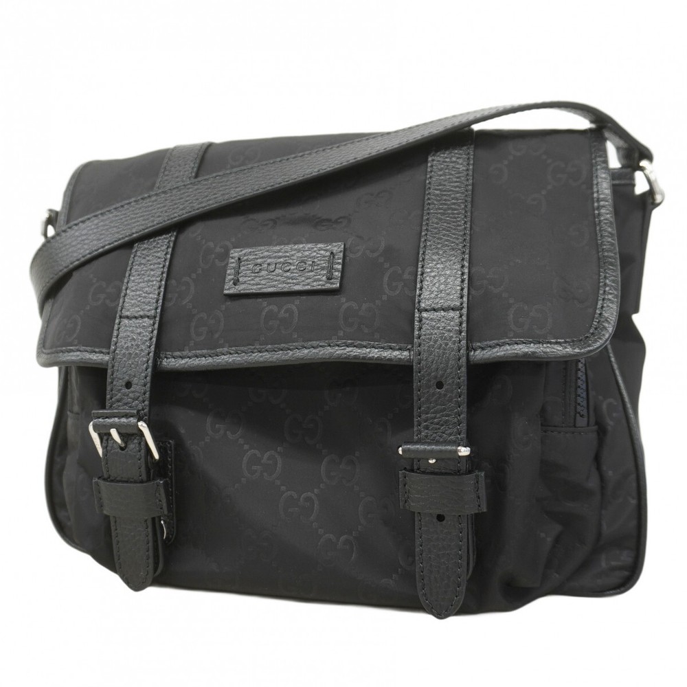 GUCCI GG Nylon Shoulder Bag Black with Silver Hardware 510335 747358