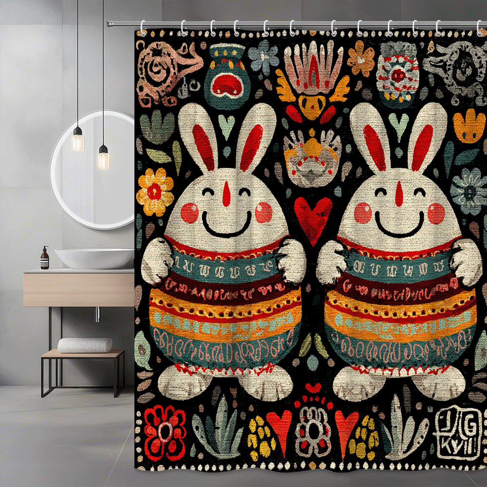 Cute Bunny Floral Shower Curtain Black Folk Art Print