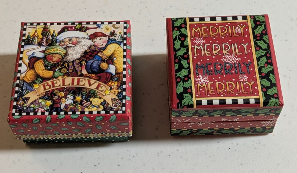 Two Mary Engelbreit Believe Merrily Christmas Collectible Gift Trinket Boxes