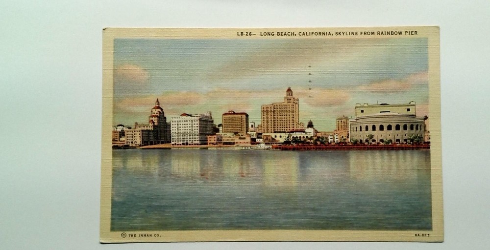 Vintage Linen Postcard Long Beach California Skyline from Rainbow Pier