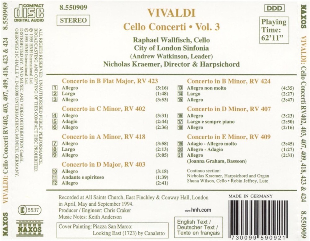 Raphael Wallfisch / Nicholas Kraemer / City Of London Sinfonia Vivaldi: Cello Co