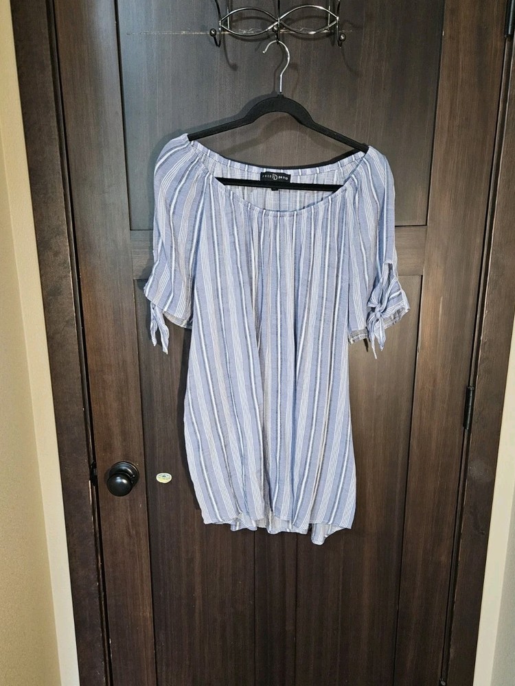 EUC Women's Plus Fred David Blue & White Striped SS Tunic Blouse Top Size 2X