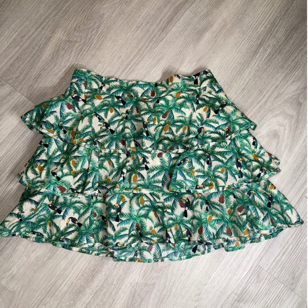 Farm Rio Tropical Toucan Palm Print Tiered Mini Skirt Resort Brazil Women Small