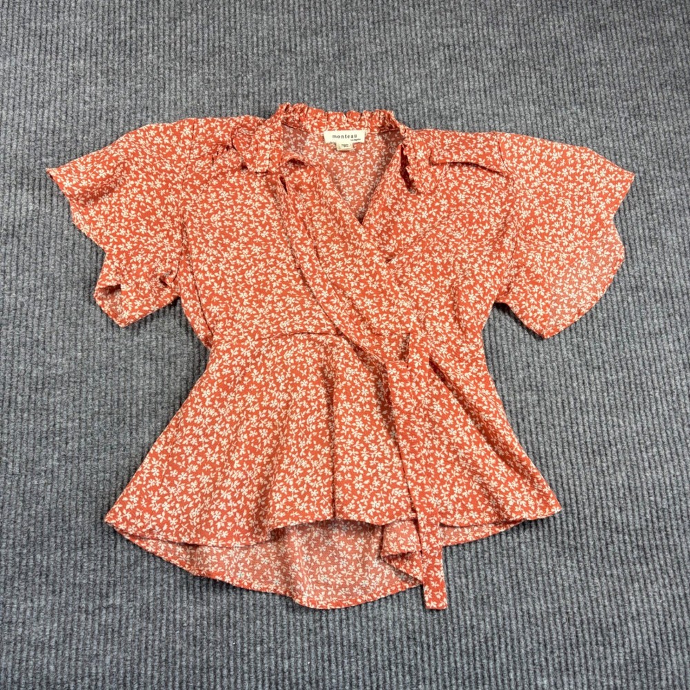 Monteau Blouse Womens M Los Angeles  Rust Orange Floral Faux Wrap Peplum Top