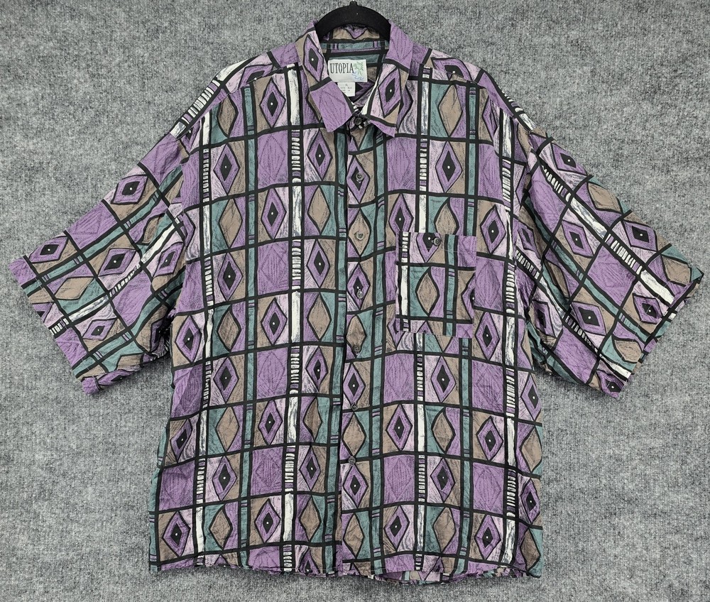 Vtg 80s Men's 100% Silk Shirt Sz XL Purple Short Slv Button Abstract Funky