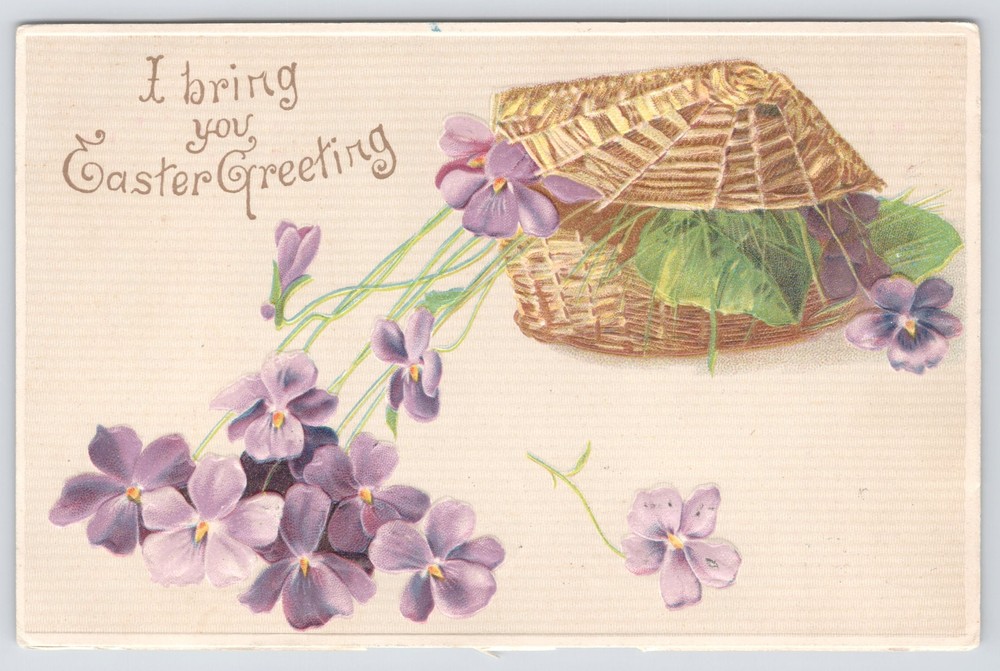 Easter Greetings~Violets Push Out Of Lidded Wicker Basket~Embossed~1908 Postcard