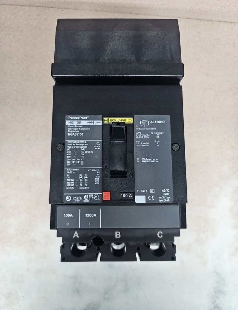 HGA36100 100 Amp 600V 3 Pole Square D PowerPact I-Line Circuit Breaker