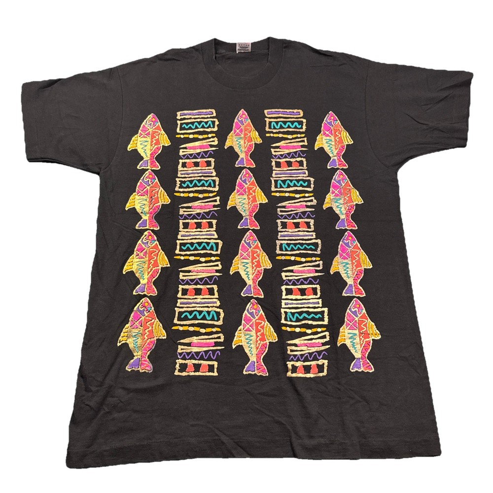 Vintage 90s Abstract Fish Native Art Big Print Graphic XL T Shirt Single Stitch-image