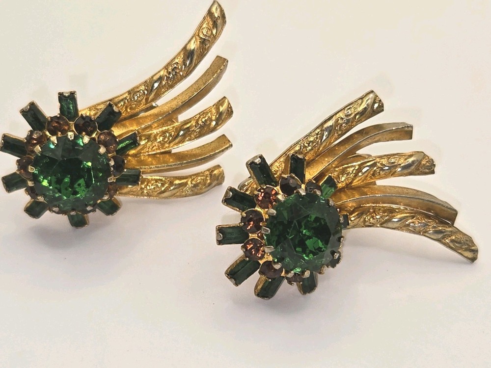 Vintage Signed HOBE Clip Earrings With Emerald Rhinestones Gold Tone